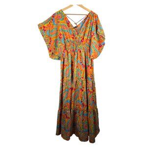 Me 2 Magic Bohemian flowy kimono sleeve maxi ruffle colorful Paisley dress sz L‎